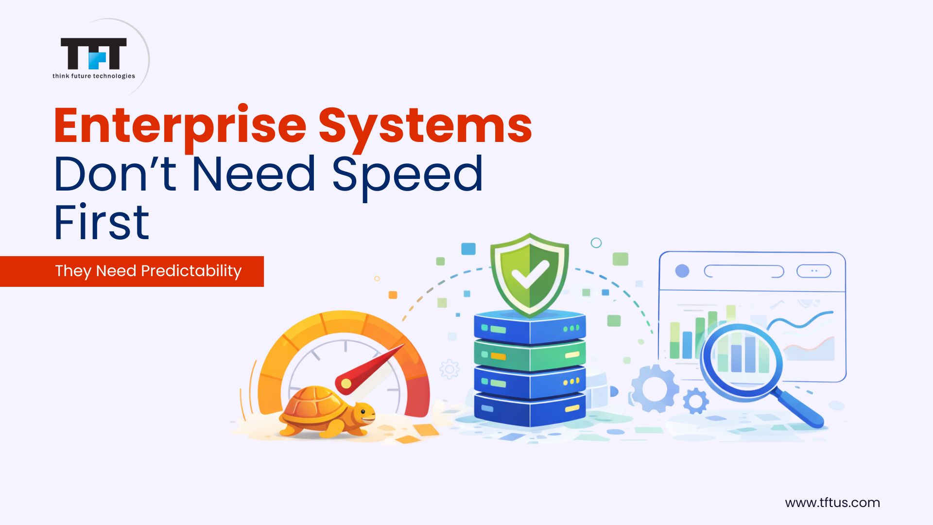 Best Angular Development Companies: Top Agencies for Secure, Scalable Web Applications 10 “Graphic explaining enterprise systems prioritize predictability over speed, illustrated with a slow gauge, secure servers, and analytics dashboard.”