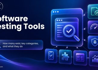 Illustration showing software testing tools covering automation, functional testing, performance testing, security testing, test management, and quality assurance.