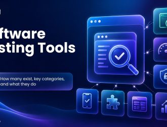 Illustration showing software testing tools covering automation, functional testing, performance testing, security testing, test management, and quality assurance.