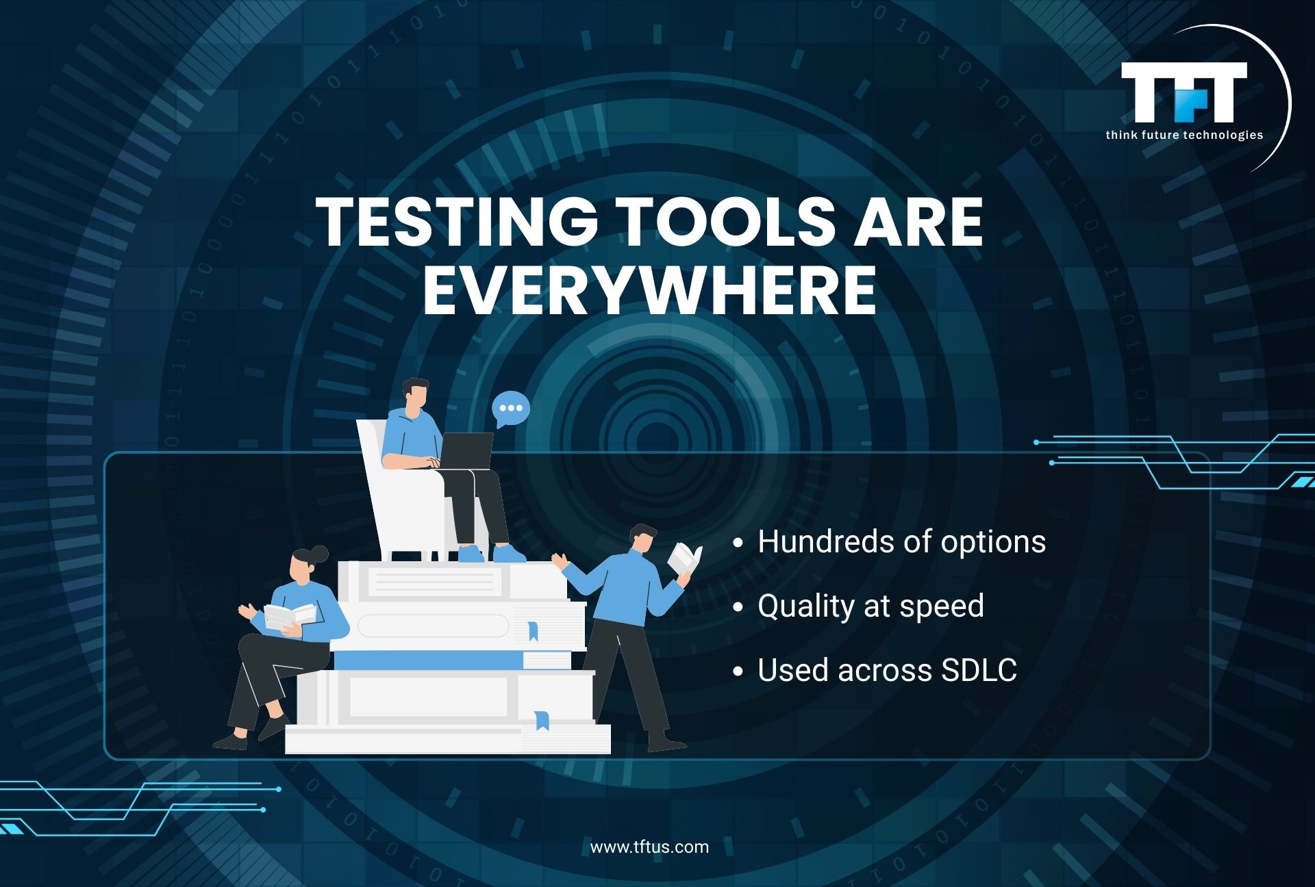 Slide titled "TESTING TOOLS ARE EVERYWHERE." It lists three bullet points: Hundreds of options, Quality at speed, and Used across SDLC. The illustration shows three people sitting on and around a giant stack of books while using laptops.
