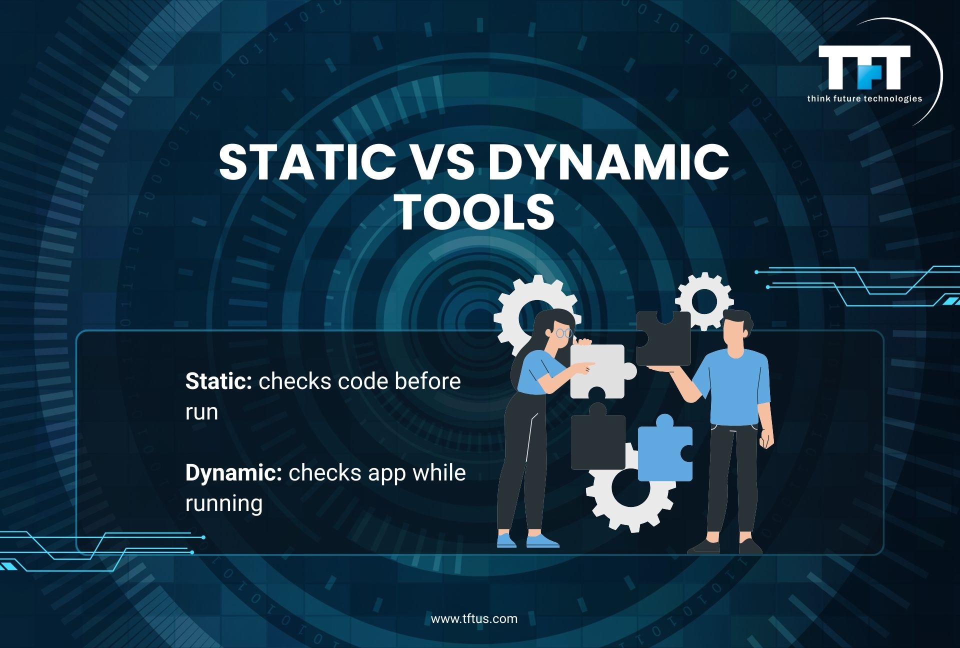 Slide titled "STATIC VS DYNAMIC TOOLS." It defines Static as "checks code before run" and Dynamic as "checks app while running." The illustration shows two people fitting together giant gear and puzzle pieces.