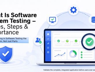 Software system testing overview showing types, testing steps, importance, and complete application validation