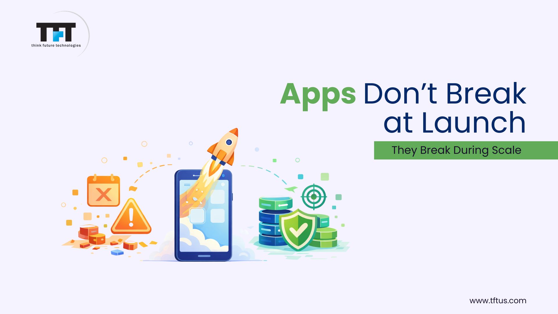 Best Angular Development Companies: Top Agencies for Secure, Scalable Web Applications 5 “Illustration showing a mobile app launching successfully but facing errors and risks during scaling, with warning icons, a rocket launch, and security/database elements.”