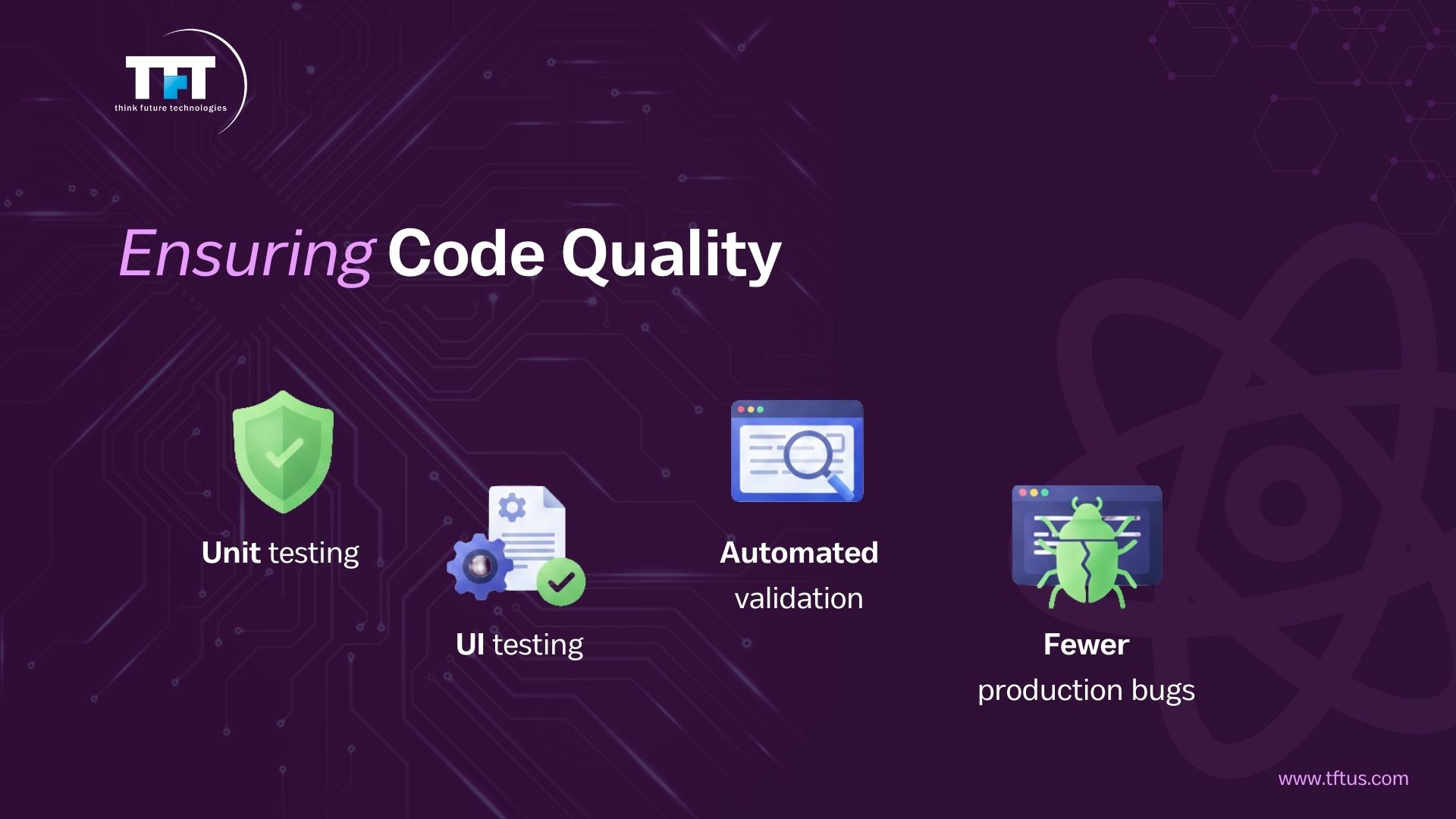 Choosing the Right ReactJS Tools: A Complete Guide for Modern Developers 5 “Ensuring code quality through unit testing, UI testing, automated validation, and reducing production bugs.”