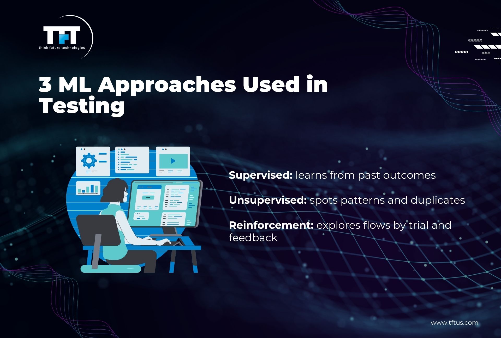 How Machine Learning Can Be Used in Software Testing: Benefits & Use Cases 3 Three machine learning approaches used in software testing including supervised learning, unsupervised pattern detection, and reinforcement learning for feedback-driven testing