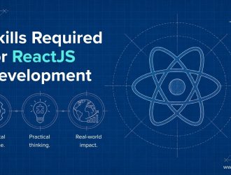 Blueprint-style illustration showing the fundamentals of React development, emphasizing JavaScript, ES6, and programming logic as the foundation for building React applications.