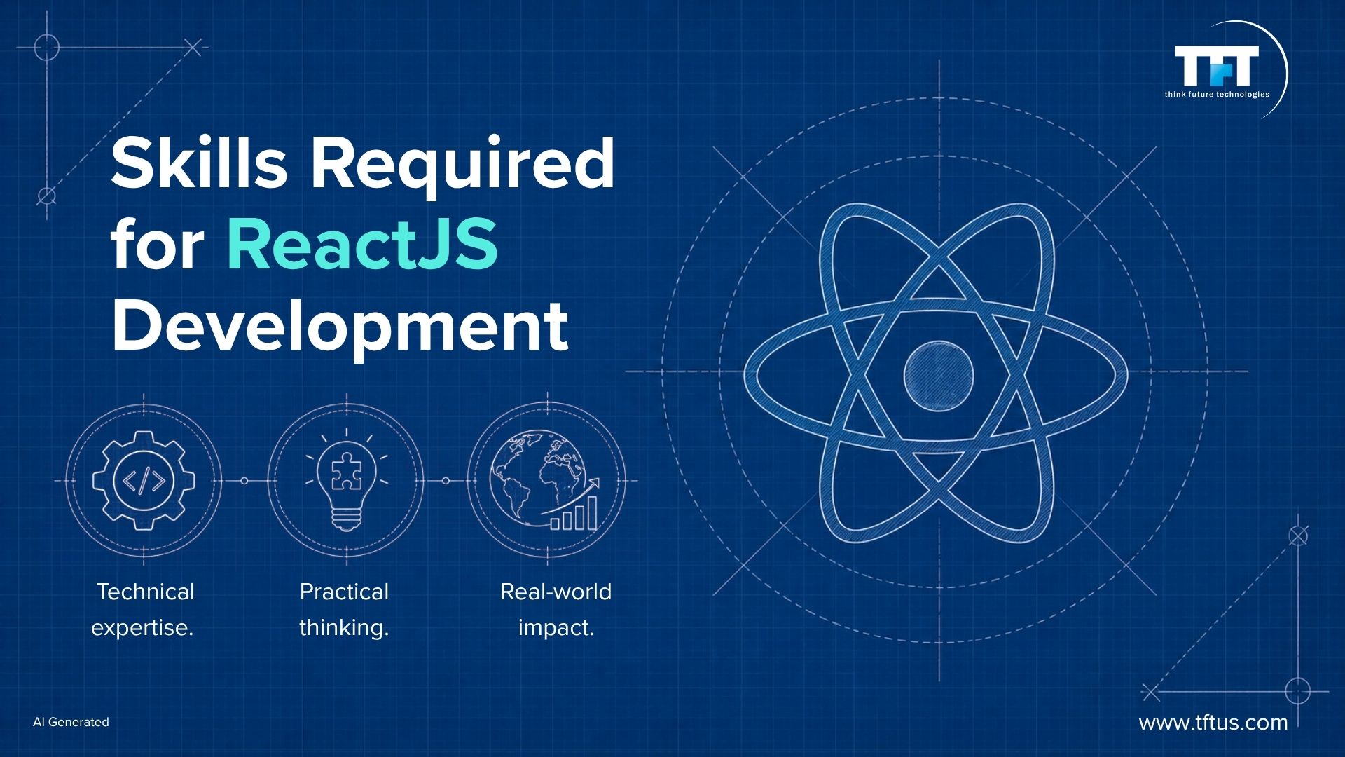 Blueprint-style illustration showing the fundamentals of React development, emphasizing JavaScript, ES6, and programming logic as the foundation for building React applications.