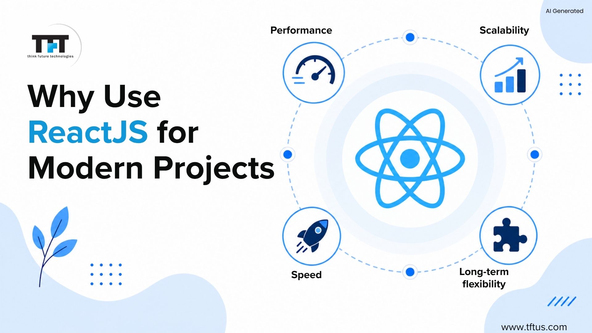 Hero illustration introducing ReactJS as a JavaScript library for building fast, interactive user interfaces, featuring the React logo inside a browser window with JavaScript and code elements.