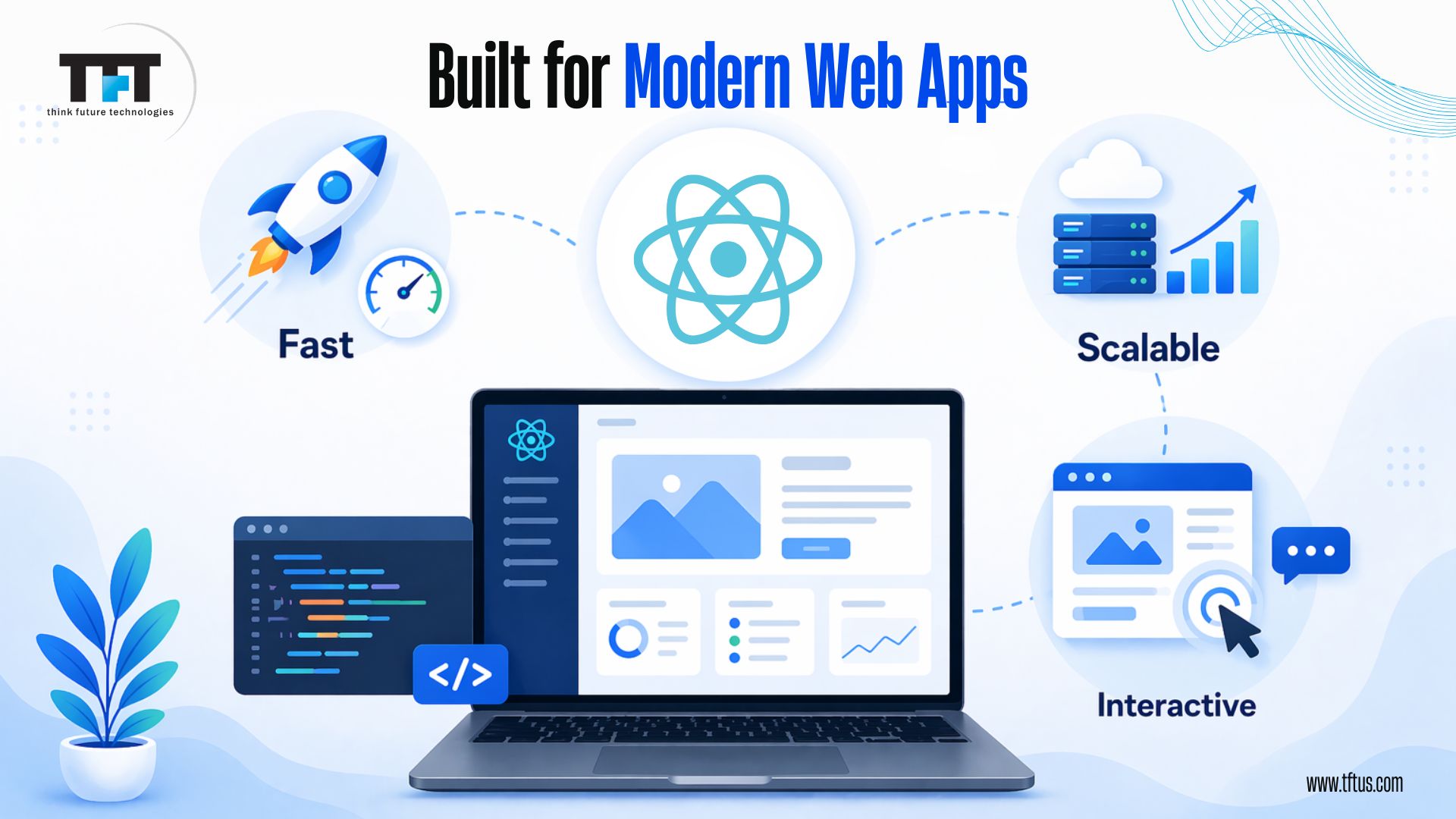 Why developers choose ReactJS - developer coding with React logo showing performance, scalability, and faster development benefits
