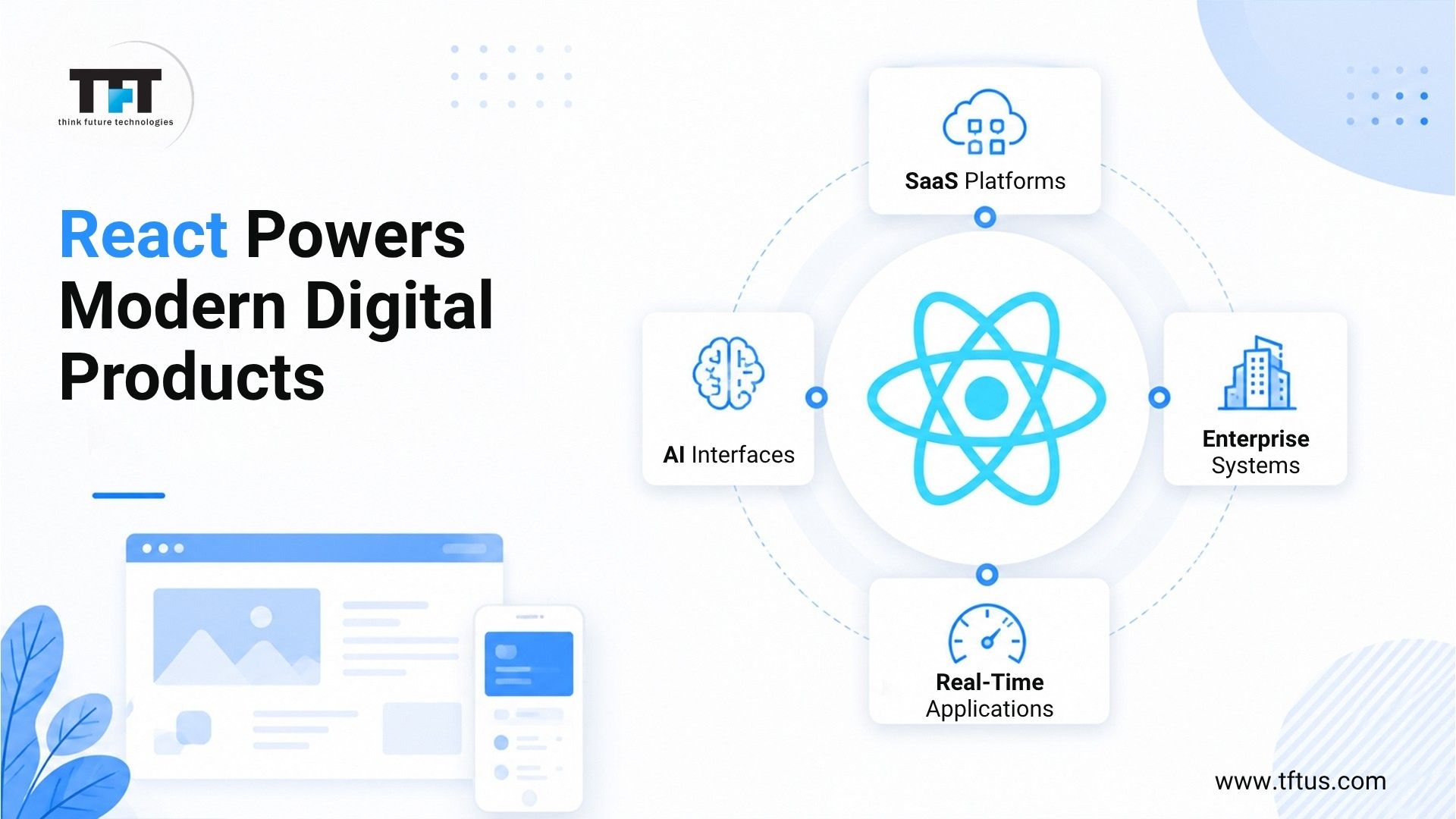 Best ReactJS Development Companies | Top ReactJS Developers 2026 2 The Evolution of ReactJS as a Digital Foundation
ReactJS has evolved into a foundational technology that powers modern digital workflows. From SaaS analytics dashboards and fintech platforms to healthcare ecosystems and AI-native interfaces, React now serves as the primary engine for interactive web applications worldwide. The reason for this shift is straightforward.
Organizations now require more than a basic web presence. They require robust digital products. They seek high-performance, modular systems that deliver cross-device consistency, advanced API integration, real-time data processing, and scalable architecture to support business growth. This demand has made ReactJS the industry standard.
Originally developed at Meta to address dynamic interfaces, React has matured into a comprehensive product engineering ecosystem. It has shifted the focus from isolated frontend tasks to building resilient systems with component-based logic and optimized rendering, making it the core framework for today’s most complex software projects.
Today, React is used by startups building MVPs, enterprises modernizing legacy systems, SaaS companies scaling globally, and AI-first businesses creating entirely new digital workflows. However, many businesses encounter challenges at this stage.
Selecting React is straightforward. Choosing the right ReactJS development company is significantly more complex. The market is saturated with agencies that claim React expertise.
Some are excellent at UI design but weak in architecture.
Some build quickly but struggle with scalability.
Some outsource heavily.
Some overpromise timelines.
Some lack real product engineering maturity.
And many companies still treat React development as “frontend work” rather than product infrastructure. This often results in significant issues as projects scale. Modern React applications are no longer standalone interfaces.
They function as integrated ecosystems. They interact with APIs, cloud environments, authentication systems, AI models, analytics engines, payment gateways, internal workflows, and real-time data layers.
As a result, selecting the right ReactJS development partner directly affects:
product scalability
development velocity
long-term maintainability
customer experience
frontend performance
SEO capabilities
release cycles
engineering efficiency
AI integration readiness
future modernization costs
Leading ReactJS development companies understand these requirements. They deliver more than user interfaces alone. They engineer robust, scalable systems.
This list helps businesses identify ReactJS development partners distinguished by technical expertise, execution maturity, product vision, scalability experience, and long-term engineering value.
Instead of a generic 'top companies' list, this guide focuses on:
real technical strengths
scalability capabilities
frontend architecture maturity
enterprise readiness
industry specialization
AI and cloud integration capabilities
engineering depth
product development approach
engagement flexibility
innovation focus
Whether you are:
building a SaaS product
modernizing an enterprise platform
launching a startup MVP
scaling an e-commerce ecosystem
creating AI-powered workflows
hiring remote React developers
Rebuilding legacy systems
expanding engineering bandwidth
This list will help you evaluate and select the right ReactJS development company for your specific business goals.
Quick Comparison Table: Best ReactJS Development Companies in 2026
Company Website Glassdoor Rating Primary Locations Pricing Model Industry Focus
Think Future Technologies TFTUS 4.4/5 India, USA, Germany, Mexico Dedicated teams, offshore development, product engineering Healthcare, AI/ML, SaaS, fintech, enterprise software
Netguru Netguru 4.3/5 Poland Agile product development SaaS, fintech, ecommerce, startups
ScienceSoft ScienceSoft 4.2/5 USA, Europe Enterprise delivery, staff augmentation Healthcare, banking, manufacturing
Vention Vention 4.5/5 USA, Global Dedicated engineering teams SaaS, marketplaces, fintech
BairesDev BairesDev 4.6/5 USA, Latin America Nearshore staff augmentation SaaS, healthcare, enterprise software
ELEKS ELEKS 4.1/5 Ukraine, UK, USA Enterprise engineering Logistics, analytics, finance
Simform Simform 4.6/5 USA, India Agile product engineering SaaS, startups, cloud-native platforms
Andersen Andersen 4.3/5 Europe, Global Dedicated teams Healthcare, fintech, ecommerce
Toptal Toptal 4.7/5 Global Freelance talent marketplace Startups, enterprise scaling
Bacancy Technology Bacancy 4.5/5 India, USA Offshore dedicated developers SaaS, ecommerce, startups
Why ReactJS Continues to Dominate Modern Web Development
Before reviewing the companies, it is important to understand why ReactJS remains one of the most in-demand frontend technologies worldwide.
Despite the constant emergence of new frameworks, React continues to dominate enterprise adoption.
This is not accidental.
1. Component-Based Architecture Enables Scalability
React applications are built using reusable components.
This means development teams can create modular systems where functionality can be reused across the application instead of rebuilding UI elements repeatedly.
The result:
faster development
cleaner codebases
easier maintenance
better consistency
scalable design systems
efficient collaboration across teams
For large businesses, this is especially important. Software complexity increases over time. React helps manage and reduce this complexity.
2. React Supports High-Performance Applications
React’s virtual DOM improves rendering efficiency. Instead of updating the entire page every time something changes, React intelligently updates only necessary components.
This creates:
faster interfaces
smoother interactions
improved responsiveness
better user experience
optimized application performance
For products that rely on dynamic content, dashboards, real-time systems, or AI-driven interfaces, this capability is critical.
3. Massive Ecosystem and Community Support
One of React’s greatest advantages is its mature ecosystem. Businesses are not relying on experimental technology. They are building on one of the most proven frontend ecosystems available.
React offers:
mature libraries
extensive tooling
strong developer availability
community support
enterprise adoption
continuous innovation
This reduces long-term risk for businesses.
4. React Works Extremely Well with Modern AI Systems
This is increasingly important.
Modern AI products require highly interactive interfaces.
Chat systems.
Real-time dashboards.
Workflow automation layers.
AI copilots.
Agentic interfaces.
Knowledge systems.
React is a preferred frontend technology for these experiences because it manages dynamic state and component-based interfaces effectively. As AI-native applications grow, demand for React continues to increase.
5. Cross-Platform Capabilities Through React Native
Another key reason businesses choose React is its flexibility. Expertise in React often extends naturally to React Native development.
This allows companies to:
reuse frontend expertise
accelerate mobile development
maintain shared logic
reduce engineering fragmentation
scale product ecosystems faster
Many top ReactJS companies now offer:
ReactJS development
React Native development
full-stack engineering
cloud integration
DevOps
AI integration
product modernization
within a single organization.
How We Evaluated the Best ReactJS Development Companies
Not every React development company qualifies for this list. The goal was not to create an extensive list. The goal was to create the most useful resource. We evaluated companies based on multiple factors.
Technical Expertise
We analyzed:
React architecture capabilities
frontend scalability
API integration expertise
cloud-native development readiness
performance optimization maturity
TypeScript adoption
SSR/Next.js experience
enterprise frontend engineering capabilities
Product Engineering Capability
There is a difference between:
“building websites”
and
“engineering scalable digital products.”
The companies included here demonstrate strong product engineering maturity.
Industry Experience
We considered companies serving industries like:
healthcare
fintech
SaaS
ecommerce
logistics
enterprise software
AI/ML
manufacturing
retail
because domain understanding significantly impacts execution quality.
Scalability and Team Flexibility
We evaluated:
dedicated developer models
offshore capabilities
remote team management
scaling flexibility
long-term engagement structures
because many businesses today need ongoing engineering partnerships, not one-time projects.
Innovation Readiness
Modern frontend systems increasingly involve:
AI integrations
workflow orchestration
real-time analytics
cloud-native systems
automation platforms
conversational interfaces
The strongest companies are adapting accordingly.
Best ReactJS Development Companies in 2026
1. Think Future Technologies (TFT)
Think Future Technologies has emerged as one of the most execution-focused ReactJS development companies for businesses seeking scalable digital products, enterprise modernization, and AI-integrated web platforms.
Unlike traditional frontend agencies that focus primarily on UI implementation, TFT approaches React development from a product engineering perspective.
The company specializes in building scalable software ecosystems where React applications connect deeply with backend systems, cloud infrastructure, automation layers, and AI-driven workflows.
With global delivery capabilities across the US, India, Germany, and Mexico, TFT has delivered hundreds of projects spanning enterprise software, healthcare, fintech, SaaS, AI, and workflow automation.
What differentiates TFT is its strong engineering-first mindset.
The company positions React not simply as a frontend framework but as a critical layer in larger digital transformation initiatives.
That becomes especially valuable for businesses building:
enterprise dashboards
AI copilots
SaaS products
workflow automation systems
cloud-native platforms
modern internal tools
data visualization systems
customer portals
Core ReactJS Capabilities
TFT offers comprehensive ReactJS development services, including:
custom ReactJS application development
enterprise frontend modernization
React UI/UX engineering.
React migration services
React Native development
Next.js development
component library development
dashboard development
SaaS platform engineering
frontend performance optimization
cloud-integrated React systems
The company also supports full-stack engineering using modern ecosystems around React.
Why Businesses Choose TFT
Product Engineering Mindset
Many agencies focus only on frontend delivery. TFT focuses on business systems.
This means React applications are designed while considering:
backend scalability
cloud architecture
API orchestration
workflow automation
long-term maintainability
DevOps integration
analytics readiness
AI extensibility
That significantly improves long-term product stability.
Strong AI Integration Capability
One of TFT’s major differentiators is its AI engineering maturity. The company actively develops AI-powered systems, copilots, workflow automation platforms, and enterprise AI assistants.
This makes TFT especially valuable for organizations building:
AI-native products
conversational systems
workflow orchestration tools
intelligent dashboards
AI-enhanced enterprise software
React often becomes the interaction layer powering these systems.
Enterprise and Startup Flexibility
TFT works with both:
fast-scaling startups
large enterprise organizations
This flexibility allows businesses to scale engineering engagement models based on growth stage.
Dedicated Remote Developer Models
The company also offers dedicated ReactJS developers and scalable offshore engineering teams.
This is particularly useful for businesses needing:
extended engineering bandwidth
long-term frontend teams
cost-effective scaling
faster release cycles
distributed development support
Industries Served
TFT has experience across:
healthcare
pharmaceuticals
fintech
manufacturing
retail
SaaS
enterprise technology
logistics
AI/ML
This cross-industry exposure improves system design maturity.
Best For
TFT is particularly well-suited for:
enterprise React platforms
AI-integrated products
scalable SaaS systems
cloud-native application modernization
long-term engineering partnerships
React + automation ecosystems.
workflow-intensive platforms
Strengths
strong engineering depth
AI integration capability
scalable dedicated developer models
enterprise modernization expertise
product-focused execution
cloud integration maturity
long-term engagement flexibility
2. Netguru
Netguru is widely recognized as one of the leading digital product engineering companies with strong ReactJS expertise. The company has built a reputation around modern product development, startup acceleration, UX-focused engineering, and scalable software delivery.
Netguru works extensively with:
startups
scaleups
fintech platforms
enterprise organizations
digital-first brands
Their ReactJS capabilities are especially strong for businesses seeking polished digital experiences combined with agile product delivery.
ReactJS Expertise
Netguru offers:
React web application development.
frontend modernization
product design integration
Next.js development
React Native engineering
SaaS platform development
frontend consulting
The company is particularly known for combining product design and engineering effectively.
Key Differentiators
Strong UX and Product Design Focus. Netguru places heavy emphasis on design quality.
This makes them attractive for businesses where:
customer experience
interface polish
interaction quality
visual consistency
play major roles.
Agile Product Development. The company is highly experienced in iterative product delivery. This works especially well for startups validating product ideas quickly. Strong Global Startup Ecosystem Presence. Netguru has become highly visible within startup ecosystems globally. This gives them strong exposure to rapidly evolving digital product trends.
Best For
Netguru is ideal for:
startups
SaaS businesses
fintech products
design-driven applications
rapid MVP development
customer-facing digital platforms
Strengths
polished product design
strong React engineering
agile execution
startup-friendly workflows
modern frontend capabilities
3. ScienceSoft
ScienceSoft is one of the more enterprise-oriented companies on this list. With decades of software engineering experience, the company has developed strong capabilities around enterprise systems, digital transformation, cloud modernization, and scalable frontend engineering. ScienceSoft’s ReactJS services are particularly valuable for organizations modernizing complex legacy ecosystems.
ReactJS Services
The company provides:
enterprise ReactJS development
frontend modernization
React consulting
cloud-native frontend engineering
enterprise portal development
dashboard systems
large-scale web applications
Key Strengths
Enterprise Modernization Expertise. ScienceSoft has extensive experience working with large organizations.
This becomes critical when React applications must integrate with:
legacy systems
enterprise APIs
complex workflows
compliance-heavy environments
cloud infrastructure
Security and Compliance Maturity. The company has deep experience in regulated industries.
This includes:
healthcare
banking
insurance
manufacturing
enterprise operations
Long-Term Engineering Stability. ScienceSoft emphasizes sustainable software engineering practices. That makes them appealing for businesses seeking long-term platform stability.
Best For
ScienceSoft works especially well for:
enterprise modernization
large internal platforms
compliance-heavy systems
long-term digital transformation projects
scalable enterprise applications
Strengths
enterprise engineering depth
strong security practices
modernization capabilities
regulated industry experience
scalable frontend systems
4. Vention
Vention has become highly recognized for providing scalable engineering teams and dedicated software developers for fast-growing technology businesses. The company has extensive ReactJS expertise and works with startups, SaaS companies, and enterprise organizations globally. Vention is particularly known for helping companies scale engineering capacity rapidly.
ReactJS Capabilities
Vention supports:
ReactJS development
frontend architecture
React Native engineering
dedicated React developers
SaaS frontend systems
enterprise web applications
cloud-integrated frontend development
Key Differentiators
Flexible Team Scaling. Vention excels at rapidly building dedicated engineering teams.
This is highly valuable for:
scaling startups
growing SaaS businesses
product companies needing faster releases
organizations expanding engineering bandwidth
Strong Technical Talent Network. The company has built a strong reputation around technical hiring quality. This improves consistency across distributed engineering engagements.
Product Company Alignment. Vention works heavily with product-driven businesses.
This improves understanding of:
release velocity
iteration cycles
scalability challenges
product roadmap execution
Best For
Vention is ideal for:
dedicated React developers
startup scaling
SaaS engineering expansion
distributed engineering teams
long-term product development
Strengths
engineering scalability
strong developer network
product-focused execution
flexible engagement models
rapid team expansion capabilities
What Businesses Often Get Wrong When Hiring ReactJS Companies
One of the biggest mistakes businesses make is evaluating ReactJS companies only on hourly pricing. That usually backfires.
Because frontend engineering decisions affect:
long-term scalability
development speed
maintainability
product quality
user retention
performance optimization
technical debt
A cheaper development partner that creates architectural problems often becomes more expensive later.
The better approach is to evaluate:
engineering maturity
scalability thinking
communication quality
product understanding
long-term support capability
AI readiness
DevOps alignment
architectural discipline
The strongest ReactJS companies understand the business context behind the software. Not just the code itself.
5. BairesDev
BairesDev has become one of the most recognized nearshore software development companies globally, particularly for businesses in North America seeking scalable engineering teams with strong communication alignment.
The company provides extensive ReactJS development services for startups, SaaS businesses, fintech firms, and enterprise organizations. One of BairesDev’s biggest strengths is its ability to rapidly assemble high-performing engineering teams while maintaining strong technical consistency.
This becomes especially valuable for companies needing:
long-term React development
product scaling
engineering augmentation
frontend modernization
distributed product teams
ReactJS Services
BairesDev offers:
custom ReactJS development
frontend architecture design
React Native development
dedicated React developers
enterprise application engineering
cloud-integrated frontend systems
UI modernization
SaaS platform development
The company also supports full product development cycles.
Key Strengths
Strong Nearshore Collaboration
BairesDev’s nearshore model is attractive for US companies needing:
timezone overlap
fast collaboration
agile iteration cycles
continuous communication
distributed engineering scalability
Communication quality often becomes a major differentiator in long-term React projects.
Large Engineering Talent Pool
The company has scaled aggressively over the years and supports large engineering engagements.
This helps businesses expand frontend teams quickly without spending months hiring internally.
Enterprise-Scale Delivery
BairesDev has experience handling complex systems involving:
enterprise dashboards
SaaS ecosystems
analytics platforms
cloud-native systems
customer portals
high-traffic applications
Best For
BairesDev works particularly well for:
US-based product companies
scaling startups
enterprise modernization
long-term frontend engineering
dedicated React teams
agile product development
Strengths
strong nearshore model
scalable engineering bandwidth
enterprise experience
mature project management
frontend scalability expertise
6. ELEKS
ELEKS is one of the more engineering-heavy organizations in the ReactJS ecosystem. The company has deep experience in enterprise systems, data engineering, digital transformation, and cloud-native software development.
Unlike purely UI-focused agencies, ELEKS approaches React development through a broader architectural strategy.
This makes them highly effective for businesses building:
enterprise platforms
data-intensive systems
AI-integrated dashboards
logistics systems
industrial software
fintech ecosystems
ReactJS Expertise
ELEKS supports:
enterprise React engineering
frontend modernization
React consulting
cloud-native application interfaces
enterprise dashboard systems
analytics visualization layers
high-performance frontend systems
Key Differentiators
Strong Engineering Culture. ELEKS has a reputation for technical depth.
This becomes extremely important for applications where frontend systems interact with:
complex backend architectures
real-time systems
data pipelines
AI systems
industrial workflows
Enterprise Transformation Focus. Many React agencies focus primarily on digital products. ELEKS works heavily with enterprise transformation initiatives. That requires much stronger architectural discipline. Data Visualization and Analytics Capability. Modern React applications increasingly revolve around data-heavy experiences. ELEKS performs strongly in this area.
Best For
ELEKS is ideal for:
enterprise modernization
analytics platforms
industrial systems
data-intensive applications
large-scale digital transformation
AI-integrated frontend ecosystems
Strengths
strong engineering maturity
enterprise architecture expertise
cloud-native systems experience
data-heavy frontend systems
scalable application engineering
7. Simform
Simform has grown rapidly as a cloud-focused product engineering company with strong ReactJS expertise. The company emphasizes scalable digital product development and works with startups, SaaS businesses, and enterprise organizations globally.
Simform’s biggest advantage is combining:
frontend engineering
cloud infrastructure
DevOps
product scalability
agile delivery
under unified execution models.
ReactJS Services
Simform provides:
ReactJS web application development
React Native engineering
Next.js development
frontend modernization
cloud-integrated React systems
dedicated React developers
SaaS platform engineering
Key Differentiators
Cloud-Native Product Engineering. Simform strongly emphasizes cloud-native architecture.
This becomes critical as modern React applications increasingly depend on:
APIs
serverless systems
cloud infrastructure
distributed services
AI integrations
Agile Development Structure. The company operates with modern agile workflows that support rapid iteration cycles. This is especially valuable for startups and SaaS businesses. Product Scalability Focus. Simform’s engineering approach prioritizes long-term scalability rather than short-term delivery speed alone.
Best For
Simform is ideal for:
SaaS businesses
cloud-native products
startups scaling quickly
React modernization
agile product development
frontend-cloud integrated systems
Strengths
cloud-native expertise
agile execution
scalable frontend systems
modern engineering workflows
startup-friendly delivery
8. Andersen
Andersen is a large international software engineering company known for scalable, dedicated development teams and enterprise software engineering.
The company provides extensive ReactJS development services across multiple industries, including fintech, healthcare, logistics, and retail. Andersen is particularly strong for businesses needing stable long-term engineering partnerships.
ReactJS Capabilities
The company offers:
custom ReactJS development
React consulting
frontend modernization
enterprise portal engineering
React Native development
e-commerce frontend systems
scalable dashboard interfaces
Key Strengths
Strong Enterprise Delivery Processes. Andersen has mature engineering governance structures.
This improves:
delivery consistency
project visibility
engineering scalability
risk management
Large Dedicated Developer Availability. The company supports large dedicated React developer engagements. This helps enterprises scale frontend engineering efficiently. Broad Industry Experience. Andersen works across numerous industries. That improves domain-specific frontend implementation quality.
Best For
Andersen is well-suited for:
enterprise engineering
dedicated React developers
long-term product development
distributed frontend teams
scalable modernization projects
Strengths
enterprise stability
scalable engineering teams
mature delivery systems
strong process orientation
global engineering support
9. Toptal
Toptal operates differently from traditional React development agencies. Instead of functioning purely as a software company, Toptal provides access to highly vetted freelance and remote engineering talent globally. The platform has become particularly popular among startups and fast-scaling businesses needing senior React engineers quickly.
ReactJS Services
Through Toptal, businesses can hire:
ReactJS developers
frontend architects
React Native engineers
UI specialists
product engineers
full-stack React developers
Key Differentiators
High Talent Screening Standards
Toptal emphasizes strict talent vetting.
This attracts companies seeking highly experienced React developers.
Fast Hiring Speed
One of Toptal’s biggest advantages is rapid access to senior frontend engineers.
Flexible Engagement Models
Businesses can scale teams up or down relatively quickly.
Best For
Toptal works especially well for:
startups
rapid scaling projects
short-term senior React expertise
fractional engineering support
highly specialized frontend needs
Strengths
access to senior engineers
flexible scaling
fast hiring cycles
strong freelancer quality
startup-friendly engagement
10. Bacancy Technology
Bacancy Technology is widely known for offshore software development and dedicated engineering team models. The company provides ReactJS development services across startups, SMBs, and enterprise organizations. Bacancy is particularly attractive for businesses seeking cost-effective frontend scaling without sacrificing engineering quality.
ReactJS Services
The company supports:
ReactJS application development
dedicated React developers
frontend modernization
Next.js development
React Native engineering
cloud-integrated frontend systems
e-commerce frontend development
Key Strengths
Cost-Efficient Offshore Scaling
Bacancy offers highly competitive offshore engagement structures.
This helps companies scale engineering teams efficiently.
Large Talent Availability
The company supports flexible frontend team scaling.
Agile Development Processes
Bacancy uses agile workflows suited for ongoing product development.
Best For
Bacancy works well for:
offshore React development
startup engineering scaling
dedicated frontend teams
long-term React support
cost-conscious businesses
Strengths
offshore scalability
flexible engagement models
strong React talent pool
agile workflows
startup-friendly pricing
Offshore vs Nearshore vs Onshore React Development
One of the biggest strategic decisions businesses face is deciding where their React development teams should operate from. There is no universal answer.
The right model depends on:
budget
communication needs
project complexity
release speed
internal engineering maturity
timezone requirements
Offshore React Development
Offshore development typically involves working with teams in regions like:
India
Eastern Europe
Southeast Asia
Advantages:
lower development costs
large talent availability
scalable engineering capacity
flexible team expansion
Challenges:
time zone gaps
communication overhead
The project management discipline becomes critical
Companies like Think Future Technologies and Bacancy Technology operate strongly in this model.
Nearshore React Development
Nearshore teams are usually geographically closer. For US companies, this often means Latin America.
Advantages:
timezone alignment
faster communication
agile collaboration
easier daily standups
Challenges:
higher costs than offshore
smaller talent pools in some regions
BairesDev is a strong example here.
Onshore React Development
Onshore teams operate within the same country.
Advantages:
strongest communication alignment
easier cultural integration
local business understanding
Challenges:
significantly higher engineering costs
hiring competition
slower scaling
ReactJS Pricing Models Explained
Many businesses struggle to understand React development pricing. Because pricing depends on much more than hourly rates.
It depends on:
architecture complexity
engineering maturity
cloud integration
scalability requirements
AI integration needs
DevOps support
long-term maintainability
Why Cheap React Development Often Becomes Expensive
One of the most common frontend mistakes businesses make is optimizing only for short-term cost.
That usually creates:
technical debt
poor scalability
inconsistent architecture
performance bottlenecks
maintainability problems
frontend instability
The better ReactJS companies think long-term.
Modern React Trends Businesses Should Watch
The React ecosystem is changing rapidly.
The best ReactJS development companies are already adapting to these shifts.
1. AI-Native Frontend Experiences
Modern interfaces increasingly involve:
copilots
conversational UI
workflow automation
intelligent dashboards
AI agents
This is changing frontend architecture priorities significantly.
2. Server Components and Hybrid Rendering
Performance optimization is becoming more sophisticated.
Modern React systems increasingly use:
SSR
streaming
server components
hybrid rendering
edge optimization
3. TypeScript Standardization
TypeScript adoption has become nearly essential for scalable React systems.
It improves:
maintainability
scalability
developer collaboration
bug reduction
4. Design System Engineering
Large businesses increasingly invest in reusable frontend ecosystems.
This improves:
consistency
scalability
design efficiency
release speed
How to Choose the Best ReactJS Development Company
Most businesses evaluate React agencies using the wrong criteria.
They compare:
hourly rates
portfolio screenshots
design aesthetics
proposal documents
But frontend engineering quality is far deeper than visual output.
The best ReactJS development companies think about:
architecture
scalability
maintainability
workflow integration
cloud readiness
developer experience
AI extensibility
frontend governance
performance optimization
That is where the real difference appears.
1. Evaluate Product Thinking, Not Just Frontend Skills
One of the biggest mistakes companies make is treating React development as isolated UI work.
Modern frontend systems are tightly connected to:
APIs
cloud systems
authentication layers
analytics engines
automation workflows
AI models
real-time data systems
A good React company understands this ecosystem. A weak one only builds screens.
The best engineering partners ask:
How will the product scale?
What happens under high traffic?
How will frontend state evolve?
How will APIs change over time?
What will the long-term architecture look like?
How should components be structured?
What parts need reusability?
That level of thinking matters far more than visual polish alone.
2. Check Their Architecture Approach
This is one of the most overlooked evaluation areas.
Ask React development companies:
How do they structure large React applications?
What state management patterns do they use?
How do they handle component scalability?
How do they approach frontend performance?
How do they prevent technical debt?
Strong React companies usually discuss:
modular architecture
reusable components
TypeScript
scalable state management
testing strategies
frontend governance
CI/CD integration
performance monitoring
Weak companies usually stay vague. That is often a warning sign.
3. Ask About Performance Optimization
Frontend performance directly affects:
SEO rankings
user retention
engagement
conversion rates
scalability
Especially for:
e-commerce platforms
SaaS dashboards
enterprise portals
AI systems
data-heavy applications
The best ReactJS development companies proactively optimize:
rendering efficiency
bundle sizes
lazy loading
server-side rendering
hydration
image optimization
API handling
caching strategies
Modern frontend engineering is heavily performance-driven.
4. Evaluate Their React Ecosystem Knowledge
React itself is only part of the ecosystem.
Strong React engineering companies also understand:
Next.js
TypeScript
GraphQL
Node.js
Tailwind CSS
Redux
Zustand
React Query
Vite
server rendering
edge deployment
cloud-native frontend systems
That broader ecosystem maturity becomes extremely important in large projects.
5. Understand Their Team Structure
Some companies outsource heavily after closing deals. Others maintain stable internal engineering teams.
Ask:
Who will actually work on the project?
What is the experience level?
How stable are the teams?
What is the turnover rate?
How are developers managed?
Is there architectural oversight?
Consistency matters enormously in React development. Frontend systems become fragile when teams rotate excessively.
6. Look Beyond Portfolio Screenshots
A polished UI does not necessarily mean strong engineering.
Ask deeper questions:
How many active users did the platform support?
How did they optimize scalability?
What performance challenges existed?
How did they manage frontend architecture?
What cloud systems were involved?
How were APIs structured?
The real engineering story matters more than visuals.
Questions You Should Ask a ReactJS Development Company
Most businesses ask generic questions during discovery calls. That creates shallow evaluations.
Here are better questions.
Technical Questions
Architecture
How do you structure large React applications?
How do you avoid frontend technical debt?
What state management approaches do you prefer and why?
How do you approach reusable component systems?
Performance
How do you optimize frontend performance?
How do you reduce bundle size?
What performance monitoring tools do you use?
Scalability
How do you prepare React apps for scaling?
How do you handle growing frontend complexity?
How do you approach frontend governance?
AI and Modern Systems
Have you built AI-integrated React systems?
How do you manage real-time frontend workflows?
How do you approach conversational interfaces?
Business Questions
Delivery
How do you manage communication?
How do you handle sprint planning?
What happens when requirements evolve?
How do you manage release cycles?
Team Stability
Will the same team remain on the project?
How do you handle developer transitions?
Who owns architecture decisions?
Long-Term Support
Do you provide ongoing frontend optimization?
How do you handle future scalability?
What maintenance models exist?
Common ReactJS Development Mistakes Businesses Make
These mistakes happen constantly. And many companies only realize them after scaling problems begin.
Mistake 1: Choosing Based Only on Cost
This is probably the most common issue.
Cheap frontend development often creates:
unstable architectures
inconsistent codebases
poor scalability
weak maintainability
frontend bottlenecks
The hidden cost appears later.
Mistake 2: Ignoring Frontend Architecture
Many businesses focus entirely on visual output.
But architecture determines:
scalability
maintainability
engineering speed
future flexibility
A well-designed React system evolves smoothly. A poorly designed one becomes fragile quickly.
Mistake 3: Underestimating API Complexity
Modern React systems are deeply API-driven.
Weak API planning creates:
frontend instability
inconsistent data flows
performance bottlenecks
debugging complexity
Strong React companies collaborate closely with backend teams.
Mistake 4: No Design System Strategy
As products grow, frontend inconsistency becomes expensive.
Without proper component systems:
UI becomes fragmented
development slows
bugs increase
maintainability declines
The best React companies think systematically.
Mistake 5: Treating React as “Just Frontend”
This mindset is outdated. Modern React applications are product ecosystems.
Especially when connected to:
AI systems
automation layers
analytics
cloud infrastructure
workflow orchestration
The frontend is now an operational infrastructure.
ReactJS for AI Platforms and Intelligent Systems
This is one of the fastest-growing frontend categories globally. AI products increasingly rely on React ecosystems because modern AI experiences are highly interactive.
Examples include:
copilots
conversational systems
AI assistants
workflow orchestration platforms
analytics dashboards
intelligent enterprise portals
automation systems
React handles these dynamic experiences exceptionally well.
Why React Works Well for AI Applications
AI interfaces are fundamentally state-heavy.
They involve:
streaming responses
real-time updates
dynamic rendering
multi-step workflows
contextual interactions
React’s component architecture makes this manageable. That is why many modern AI products use React-based frontend ecosystems.
The Rise of AI-Native Frontend Engineering
This is an important shift businesses should understand. Earlier software interfaces were mostly static.
Modern interfaces are increasingly:
adapt dynamically
respond contextually
orchestrate workflows
surface real-time insights
integrate AI reasoning systems
Frontend engineering is evolving accordingly. The best ReactJS companies are already adapting to this transition. Companies like Think Future Technologies are actively building React-powered AI systems and workflow automation ecosystems where frontend experiences interact directly with enterprise intelligence layers.That trend will only accelerate.
Startup vs Enterprise React Development
One important thing businesses often misunderstand: Startup React development and enterprise React development are very different.
Startup React Priorities
Startups usually optimize for:
speed
iteration
MVP validation
rapid deployment
feature velocity
The goal is to learn quickly.
This often favors:
agile teams
lean architectures
rapid experimentation
smaller engineering groups
Companies like Netguru, Simform, and Toptal work well here.
Enterprise React Priorities
Enterprises optimize differently.
They prioritize:
scalability
governance
security
maintainability
compliance
integration stability
long-term operational reliability
That requires:
architectural discipline
structured frontend systems
mature engineering governance
cloud-native scalability
Companies like ELEKS, ScienceSoft, and Think Future Technologies perform strongly here.
Dedicated React Developers vs Full React Agencies
Businesses also need to decide whether they need:
individual React developers or full engineering organizations
Dedicated React Developers
Best for:
extending internal teams
faster delivery
frontend support
specific feature execution
Advantages:
flexibility
cost efficiency
quick scaling
Challenges:
Management responsibility stays internal
Architecture oversight may be weaker
Full React Agencies
Best for:
full product development
architecture ownership
large systems
long-term transformation
cloud-integrated products
Advantages:
stronger governance
product strategy alignment
structured engineering
end-to-end delivery
Challenges:
higher costs
longer onboarding
Emerging React Trends Businesses Should Prepare For
The React ecosystem is evolving rapidly. The companies that remain competitive will adapt early.
1. Server-Driven Frontend Systems
React applications increasingly shift rendering logic toward:
Server components
Edge rendering
Hybrid systems
This improves:
Performance
SEO
Scalability
2. AI-Augmented Frontend Development
AI tools are already accelerating:
frontend coding
testing
UI generation
component documentation
But engineering judgment still matters enormously.
Especially in architecture decisions.
3. Workflow-Centric Interfaces
Modern software increasingly revolves around workflows rather than isolated screens.
This changes how frontend systems are designed.
React’s component-driven structure supports this evolution well.
4. Micro Frontends
Large organizations increasingly split frontend systems into modular, independently deployable architectures.
This helps:
scaling teams
release management
frontend governance
5. Frontend Observability
Modern React systems increasingly use monitoring platforms to track:
rendering performance
user interactions
bottlenecks
frontend errors
API failures
Frontend engineering is becoming more operationally mature overall.
Honorable Mentions
Several additional companies also deserve recognition in the ReactJS ecosystem.
These include:
Intellectsoft
Iflexion
Radixweb
MindInventory
OpenXcell
Each offers different strengths depending on:
budget
geography
engagement model
product complexity
scaling requirements
How to Shortlist the Right ReactJS Development Company
Many businesses make the mistake of evaluating too many agencies at once. That creates noise. A better approach is to narrow the list quickly using structured criteria.
Step 1: Define Your Actual Goal
This sounds obvious. But many businesses skip it.
Are you:
building an MVP?
scaling a SaaS product?
modernizing enterprise software?
Creating AI-powered workflows?
extending internal engineering capacity?
Rebuilding legacy systems?
launching customer-facing platforms?
Different ReactJS companies specialize in different execution models.
For example:
startup-focused agencies optimize for speed
Enterprise engineering firms optimize for governance and scalability
offshore firms optimize for cost efficiency
AI-focused engineering companies optimize for workflow intelligence and integration.
Without clarity here, the company evaluation becomes inconsistent.
Step 2: Decide the Engagement Model
This is one of the biggest strategic decisions.
Do you need:
project-based execution?
dedicated React developers?
staff augmentation?
long-term engineering partnership?
full product ownership?
Each model changes:
pricing
management responsibility
scalability
communication structure
delivery expectations
Step 3: Evaluate Technical Maturity
This is where most superficial evaluations fail.
Strong ReactJS companies should demonstrate understanding of:
frontend architecture
state management
component systems
performance optimization
scalability planning
cloud integration
frontend observability
testing infrastructure
API orchestration
The conversation should feel architectural.
Not merely visual.
Step 4: Assess Product Thinking
One major difference between average and elite React development companies:
Elite companies think beyond implementation.
They ask:
What business outcome matters most?
What scalability challenges may emerge?
What workflows matter operationally?
What systems may evolve later?
What integrations may become necessary?
That broader thinking improves long-term product success significantly.
Step 5: Run a Small Technical Pilot
Before committing to large frontend engagements:
Start with a small sprint
evaluate communication
test engineering quality
review code consistency
observe documentation standards
assess responsiveness
This reduces long-term risk considerably.
Best ReactJS Development Companies by Use Case
There is no single “best” ReactJS development company universally. The right partner depends on the business context.
Here is a practical breakdown.
Best for Enterprise Modernization
Think Future Technologies
TFT stands out strongly for:
enterprise React modernization
AI-integrated systems
workflow-heavy applications
cloud-native product engineering
scalable frontend ecosystems
long-term engineering partnerships
The company’s engineering-first approach makes it particularly valuable for businesses treating React as operational infrastructure rather than an isolated frontend implementation.
ScienceSoft
ScienceSoft is highly effective for:
regulated industries
enterprise portals
compliance-heavy systems
large modernization initiatives
The company brings strong governance and enterprise engineering maturity.
ELEKS
ELEKS performs especially well for:
complex enterprise ecosystems
data-intensive applications
analytics systems
industrial platforms
large-scale digital transformation
Best for Startups and SaaS Companies
Netguru
Netguru excels at:
rapid MVP development
UX-focused applications
startup product execution
agile frontend development
The company combines strong product thinking with polished design execution.
Simform
Simform works especially well for:
cloud-native startups
scalable SaaS systems
agile product teams
rapid frontend iteration
Toptal
Toptal is ideal for:
quickly hiring senior React developers
startup acceleration
flexible frontend scaling
highly specialized frontend needs
Best for Dedicated React Developers
Vention
Vention is highly effective for:
scaling engineering bandwidth
distributed React teams
long-term product support
flexible dedicated team structures
BairesDev
BairesDev’s nearshore model works extremely well for:
US-based companies
timezone-aligned agile workflows
rapid frontend scaling
SaaS engineering expansion
Bacancy Technology
Bacancy provides:
cost-efficient React scaling
offshore frontend engineering
flexible developer hiring
long-term support models
ReactJS Development Cost Expectations in 2026
Pricing varies significantly depending on:
geography
architecture complexity
engineering maturity
AI integration
cloud requirements
frontend scalability needs
But businesses should understand realistic ranges.
Startup MVP React Applications
Typical range:
$15,000–$60,000
Depending on:
complexity
integrations
UI sophistication
backend connectivity
Mid-Scale SaaS Platforms
Typical range:
$60,000–$250,000+
Especially when involving:
dashboards
analytics
role management
APIs
workflow systems
multi-tenant architecture
Enterprise React Modernization
Typical range:
$250,000–$1M+
Large enterprise systems often involve:
legacy migration
cloud integration
frontend redesign
performance engineering
security compliance
operational workflows
Dedicated React Developers
Average monthly ranges:
Offshore: $2,500–$6,500/month
Nearshore: $5,000–$10,000/month
Onshore: $10,000–$18,000+/month
Pricing depends heavily on:
seniority
specialization
AI/frontend expertise
cloud-native experience
Why ReactJS Demand Continues Growing
One reason React remains dominant is adaptability.
The framework continues evolving alongside broader software trends.
Earlier frontend systems focused mainly on:
pages
navigation
interface rendering
Modern digital products revolve around:
workflows
intelligence
automation
real-time interactions
AI systems
dynamic personalization
React adapts extremely well to these shifts.
That is why it remains central to:
SaaS products
AI copilots
enterprise portals
workflow systems
fintech dashboards
healthcare platforms
ecommerce ecosystems
cloud-native applications
The Future of React Development
The next phase of React development will likely involve several major shifts.
1. AI-Integrated Frontend Systems Become Standard
AI functionality will increasingly become native inside applications.
Instead of separate AI tools, businesses will embed:
copilots
workflow intelligence
contextual recommendations
conversational systems
automation layers
directly into frontend experiences.
React is already becoming the interaction layer for many of these systems.
2. Frontend Engineering Becomes More Operational
Frontend systems increasingly affect:
business workflows
operational efficiency
analytics visibility
decision-making
automation
The frontend is no longer “presentation.”
It is becoming operational infrastructure.
3. Design Systems Become Core Business Assets
Large organizations increasingly treat component libraries and frontend systems as reusable internal platforms.
This improves:
release speed
consistency
scalability
engineering efficiency
4. Real-Time Experiences Continue Expanding
Applications increasingly involve:
live collaboration
streaming data
AI-generated responses
workflow orchestration
dynamic personalization
React’s architecture supports these experiences well.
5. Engineering Governance Matters More
As frontend complexity grows, governance becomes critical.
The best ReactJS companies increasingly focus on:
maintainability
observability
documentation
frontend standards
scalability governance
engineering consistency
That trend will continue accelerating.
Final Thoughts
ReactJS is no longer simply a frontend framework. It has become part of the operational foundation of modern digital businesses. The companies leading the React ecosystem today understand this shift. They are not merely building interfaces.
They are engineering scalable digital systems designed to support:
growth
intelligence
automation
cloud-native scalability
real-time experiences
AI-driven workflows
The right ReactJS development partner should help businesses:
move faster
scale sustainably
reduce technical debt
modernize intelligently
build products prepared for future complexity
And that is ultimately what separates average React development from truly high-value engineering partnerships.
Whether you are:
launching a startup
modernizing enterprise infrastructure
scaling SaaS products
building AI-powered platforms
hiring remote React developers
creating workflow-centric systems
choosing the right ReactJS development company can dramatically influence long-term product success.
The strongest companies combine:
technical depth
product thinking
scalability discipline
communication maturity
modern engineering practices
That combination matters far more than flashy portfolios alone. As frontend systems continue evolving into intelligent operational ecosystems, ReactJS development will remain one of the most important engineering investments businesses make in the years ahead.