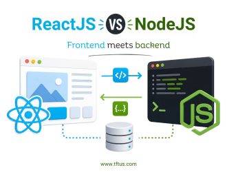 Illustration comparing ReactJS and NodeJS with the heading “ReactJS vs NodeJS” and subtitle “Frontend meets backend.” The graphic shows a React-based frontend interface connected to a Node.js backend server with arrows representing data flow between the two systems. Design includes coding icons, database symbols, Think Future Technologies branding, and website URL at the bottom.