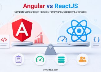 A main feature graphic titled Angular vs ReactJS with the subtitle Complete Comparison of Features, Performance, Scalability & Use Cases by think future technologies. It depicts a large red Angular shield and a blue ReactJS emblem balanced evenly on a 3D seesaw scale above four small feature icons.