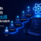 Promotional graphic titled "How to Learn ReactJS from Scratch" by TFT US, featuring a glowing 5-step roadmap (Basics, Components, JSX & Props, State & Hooks, Build & Deploy) leading to a React logo and a laptop displaying code.