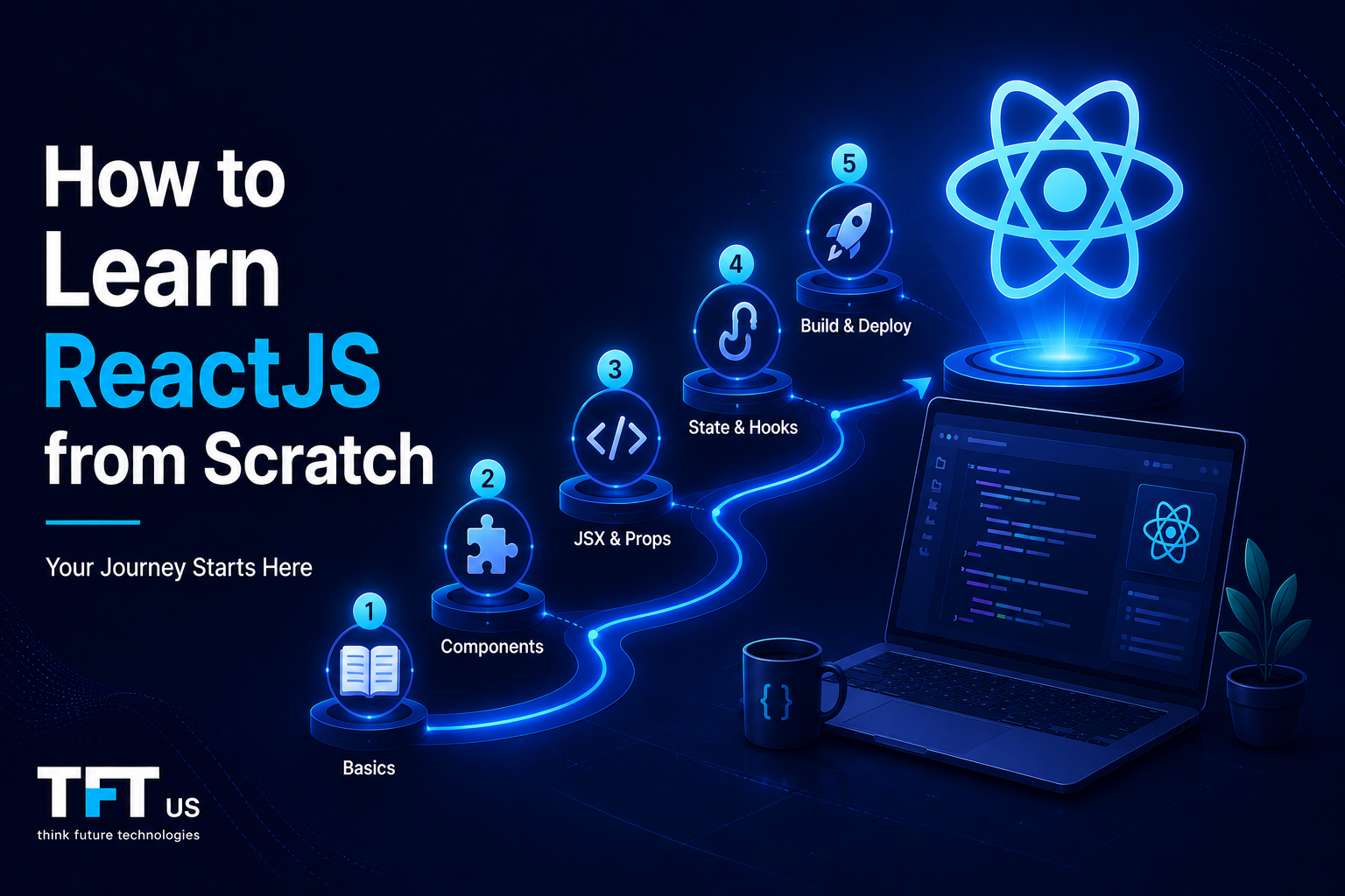 Promotional graphic titled "How to Learn ReactJS from Scratch" by TFT US, featuring a glowing 5-step roadmap (Basics, Components, JSX & Props, State & Hooks, Build & Deploy) leading to a React logo and a laptop displaying code.