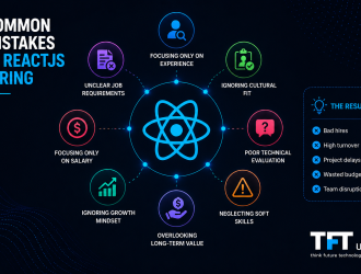 "Featured image illustrating common mistakes in ReactJS hiring. A central React logo is surrounded by hiring pitfalls including unclear requirements, poor technical evaluation, overemphasis on experience, ignoring cultural fit, neglecting soft skills, and focusing only on salary. The design uses a modern enterprise technology style with connected visual elements and TFT US branding."