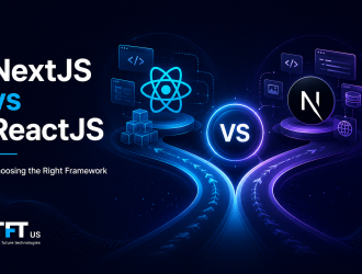 "Featured image comparing Next.js and ReactJS through a modern side-by-side technology framework. The visual highlights differences in rendering, performance, SEO capabilities, routing, and development experience, helping businesses and developers evaluate which framework best fits their project needs."