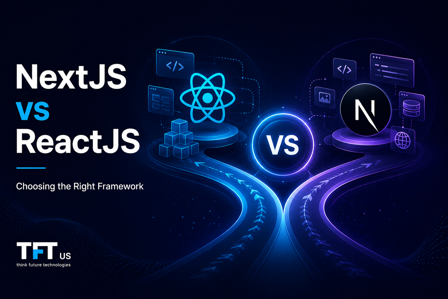 Is NextJS Better Than ReactJS: Features, Performance & Use Cases Compared 1 "Featured image comparing Next.js and ReactJS through a modern side-by-side technology framework. The visual highlights differences in rendering, performance, SEO capabilities, routing, and development experience, helping businesses and developers evaluate which framework best fits their project needs."