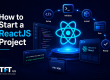 Promotional graphic titled "How to Start a ReactJS Project" by TFT US, showing a workflow arc (Setup, Initialize, Install, Run, Ready) surrounding a glowing React logo, alongside a terminal window displaying the create-react-app command.