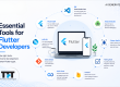 "Featured image illustrating the essential tools for Flutter developers. A central Flutter development workspace is surrounded by key tools including Flutter SDK, Visual Studio Code, Android Studio, Flutter DevTools, Git and GitHub, Firebase, CI/CD tools, testing frameworks, and package management resources. The design features a clean light blue enterprise technology theme with TFT US branding."