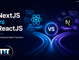 Illustration comparing Next.js and ReactJS for modern web development, featuring the React and Next.js logos connected by diverging digital pathways leading to a central "VS" icon. The graphic highlights choosing the right framework for building scalable, high-performance web applications, with futuristic UI elements, code, databases, and development tools on a dark technology-themed background.