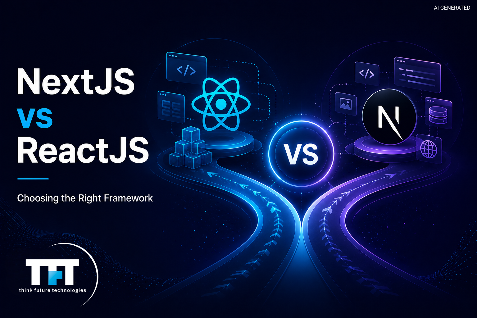 Illustration comparing Next.js and ReactJS for modern web development, featuring the React and Next.js logos connected by diverging digital pathways leading to a central "VS" icon. The graphic highlights choosing the right framework for building scalable, high-performance web applications, with futuristic UI elements, code, databases, and development tools on a dark technology-themed background.