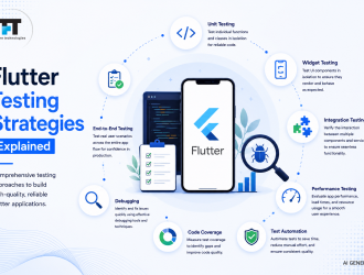 Flutter testing strategies infographic featuring unit testing, widget testing, integration testing, automated testing, debugging, code coverage, performance testing, and quality assurance for Flutter applications