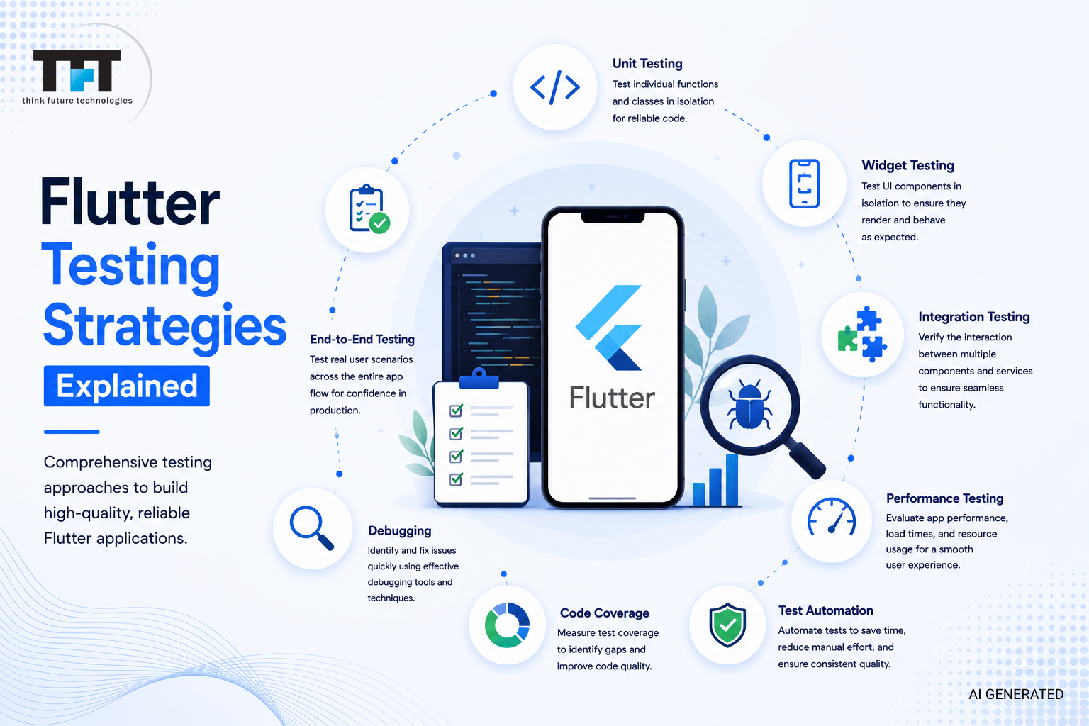 Flutter testing strategies infographic featuring unit testing, widget testing, integration testing, automated testing, debugging, code coverage, performance testing, and quality assurance for Flutter applications