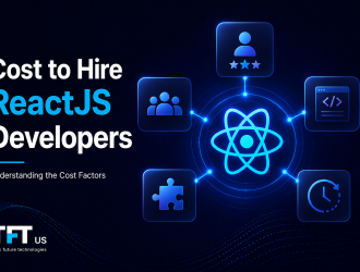 "Featured image illustrating the cost of hiring ReactJS developers. A central React logo is connected to key cost-influencing factors represented through icons for experience, team structure, technical skills, project complexity, and development timelines. The design uses a clean enterprise technology style with a dark blue background and modern visual hierarchy."