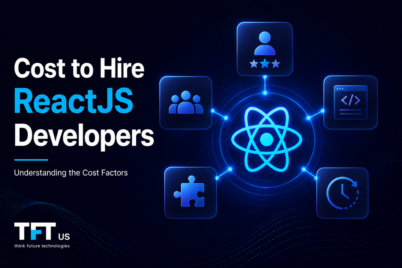 How Much Does It Cost to Hire ReactJS Developer: Pricing & Hiring Guide 1 "Featured image illustrating the cost of hiring ReactJS developers. A central React logo is connected to key cost-influencing factors represented through icons for experience, team structure, technical skills, project complexity, and development timelines. The design uses a clean enterprise technology style with a dark blue background and modern visual hierarchy."