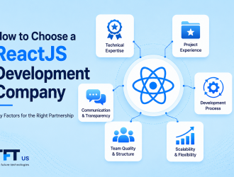 "Featured image illustrating how to choose a ReactJS development company. A central React logo is connected to key evaluation factors represented through icons for technical expertise, project experience, development process, team quality, communication, and scalability. The design uses a modern enterprise technology style with a dark blue background and premium visual hierarchy."