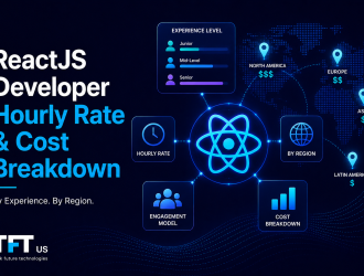 "Featured image illustrating ReactJS developer hourly rates and cost breakdowns. A central React logo is connected to factors such as developer experience, geographic region, engagement model, hourly rates, and project costs. The design uses a modern enterprise technology style with a dark blue background and minimal visual elements."