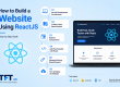 "Featured image illustrating how to build a website using ReactJS. A React logo is paired with a visual website creation workflow that progresses from project setup and UI development to routing, testing, and deployment, ending with a completed website interface. The design uses a clean modern technology style with a light blue background and TFT US branding."
