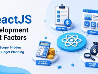 ReactJS development cost factors illustration covering pricing, project scope, budget planning, hidden costs, and cost estimation for React application development