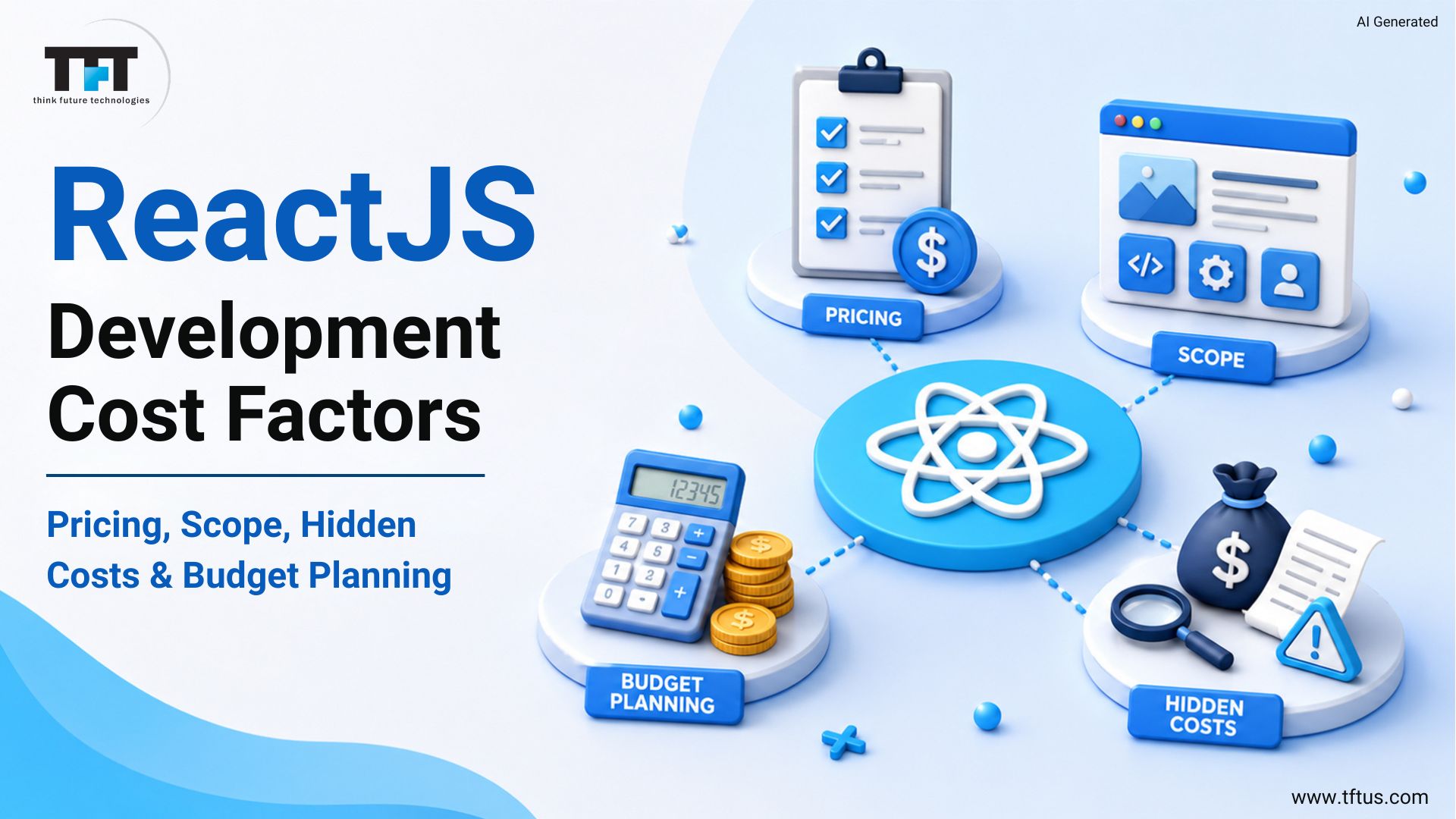 ReactJS development cost factors illustration covering pricing, project scope, budget planning, hidden costs, and cost estimation for React application development