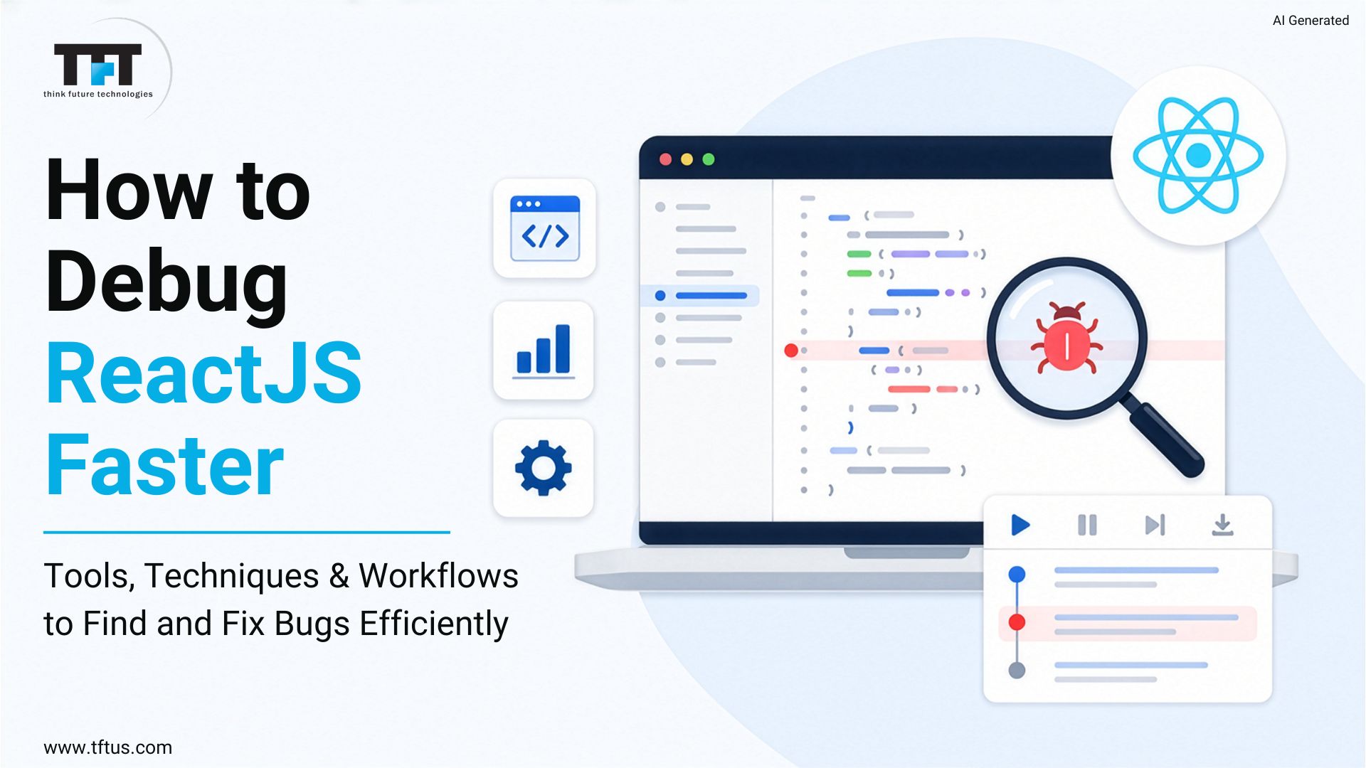 A guide infographic illustrating essential ReactJS debugging tools, techniques, performance profiling, and workflows to identify and fix bugs faster.