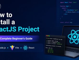 A comprehensive beginner's guide infographic titled "How to Install a ReactJS Project," introducing setup prerequisites and installation commands using Node.js, Vite, and React.