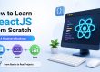 Infographic titled "How to Learn ReactJS from Scratch — A Beginner's Roadmap" with learn, build, and grow steps