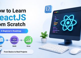 Infographic titled "How to Learn ReactJS from Scratch — A Beginner's Roadmap" with learn, build, and grow steps