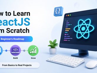Infographic titled "How to Learn ReactJS from Scratch — A Beginner's Roadmap" with learn, build, and grow steps