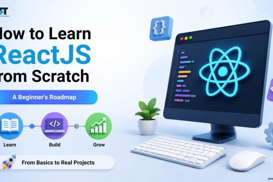 Infographic titled "How to Learn ReactJS from Scratch — A Beginner's Roadmap" with learn, build, and grow steps