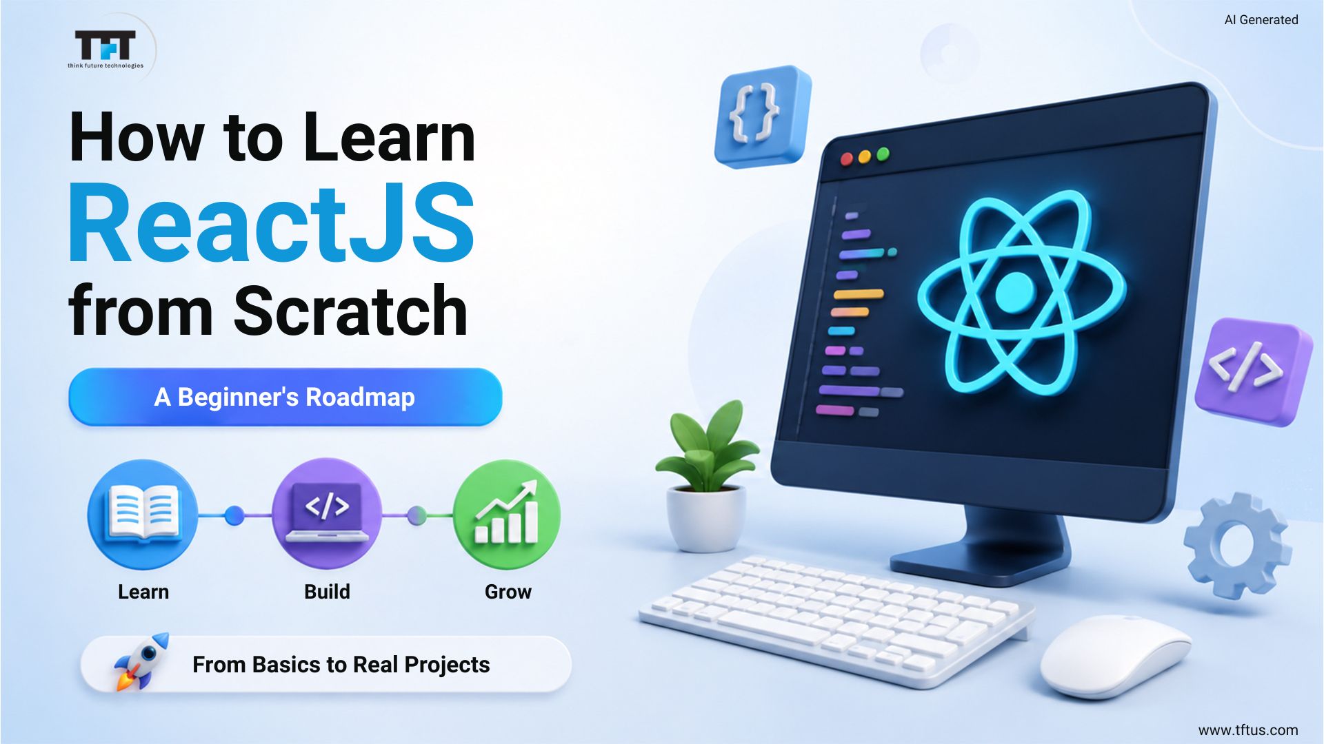Infographic titled "How to Learn ReactJS from Scratch — A Beginner's Roadmap" with learn, build, and grow steps