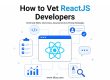 TFT Think Future Technologies blog banner titled How to Vet ReactJS Developers featuring technical skills, interviews, assessments, and hiring strategies with React-themed hiring illustrations
