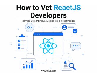TFT Think Future Technologies blog banner titled How to Vet ReactJS Developers featuring technical skills, interviews, assessments, and hiring strategies with React-themed hiring illustrations