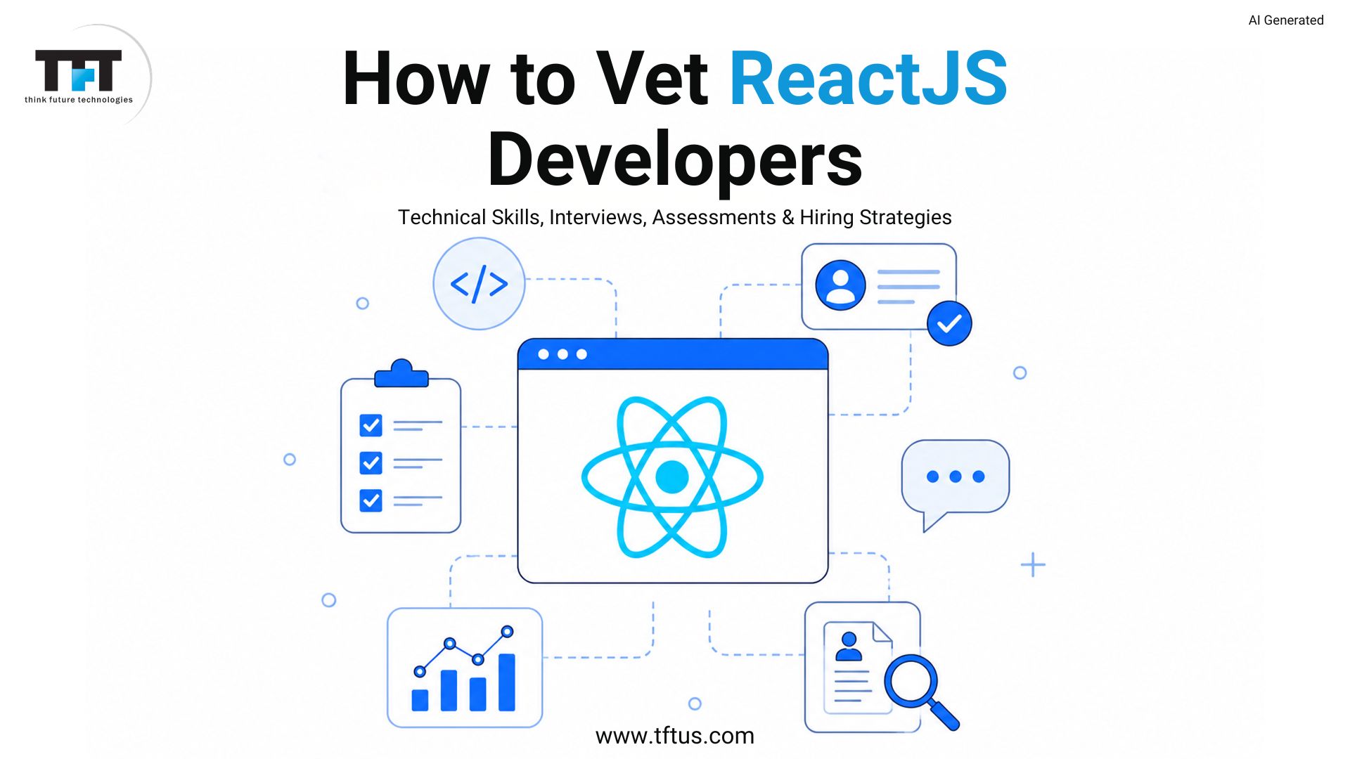 TFT Think Future Technologies blog banner titled How to Vet ReactJS Developers featuring technical skills, interviews, assessments, and hiring strategies with React-themed hiring illustrations