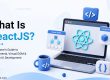 TFT Think Future Technologies blog banner titled What Is ReactJS? A Beginner’s Guide to Components, Virtual DOM & Modern UI Development featuring a laptop with the React logo and React concept illustrations