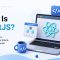 TFT Think Future Technologies blog banner titled What Is ReactJS? A Beginner’s Guide to Components, Virtual DOM & Modern UI Development featuring a laptop with the React logo and React concept illustrations