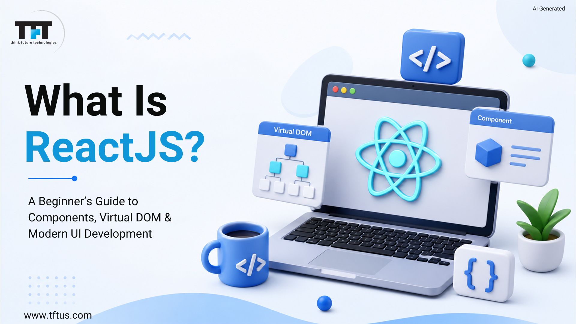 TFT Think Future Technologies blog banner titled What Is ReactJS? A Beginner’s Guide to Components, Virtual DOM & Modern UI Development featuring a laptop with the React logo and React concept illustrations