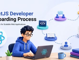 A feature graphic titled ReactJS Developer Onboarding Process with the subtitle Top Agencies for Scalable Web Applications by think future technologies. A 3D cartoon developer works on a React-branded laptop next to a large floating React logo, with a winding dotted path of development icons leading up to a gold trophy.