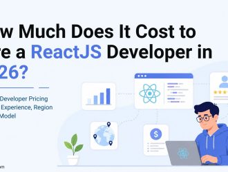 Illustration for a ReactJS developer hiring cost guide showing pricing factors based on experience level, region, and hiring model in 2026