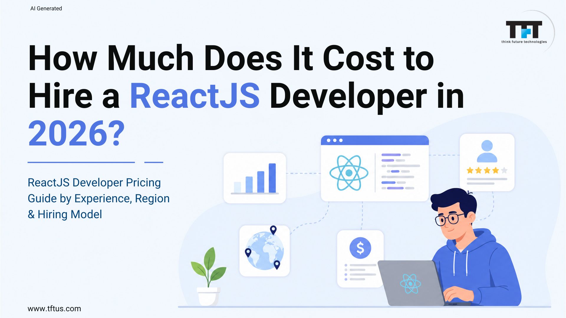 Illustration for a ReactJS developer hiring cost guide showing pricing factors based on experience level, region, and hiring model in 2026